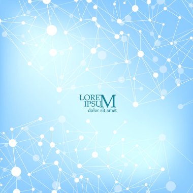 Molekül ve iletişim. Tasarımınız için bilimsel bir kavram. Noktalarla birleştirilmiş çizgiler. Tıp, teknoloji, kimya, bilim geçmişi. Vektör illüstrasyonu.