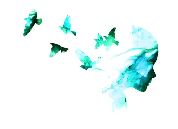 수채 색 실루엣 소녀의 날으는 새들의 초상화. 믹스 미디어. 벡터 일러스트 — 스톡 벡터