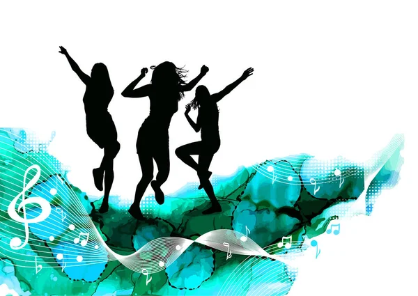Abstraktionsdisco. Silhouetten tanzender Mädchen. Vektorillustration — Stockvektor