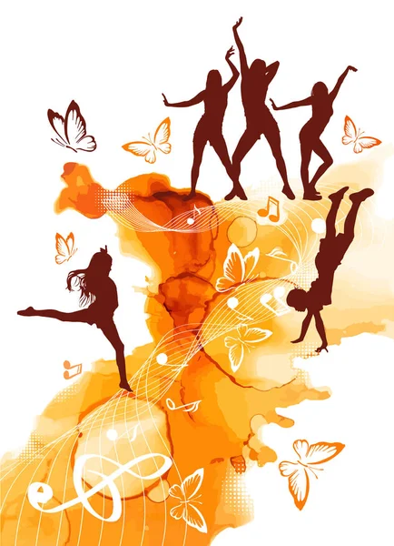 Abstraktionsdisco. Silhouetten tanzender Mädchen. Gemischte Medien. Vektorillustration — Stockvektor