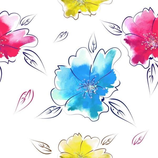 Sfondo con pittoreschi fiori multicolori. Motivo floreale senza cuciture. tecniche miste. Illustrazione vettoriale — Vettoriale Stock
