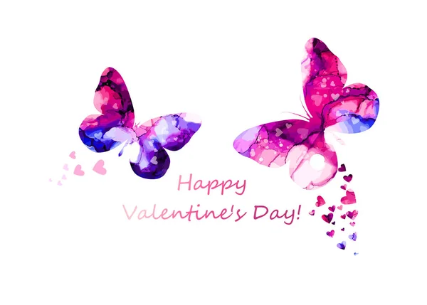 Watercolor butterflies and hearts. Happy Valentine's Day. Mixed media. Vector illustration — Stock Vector