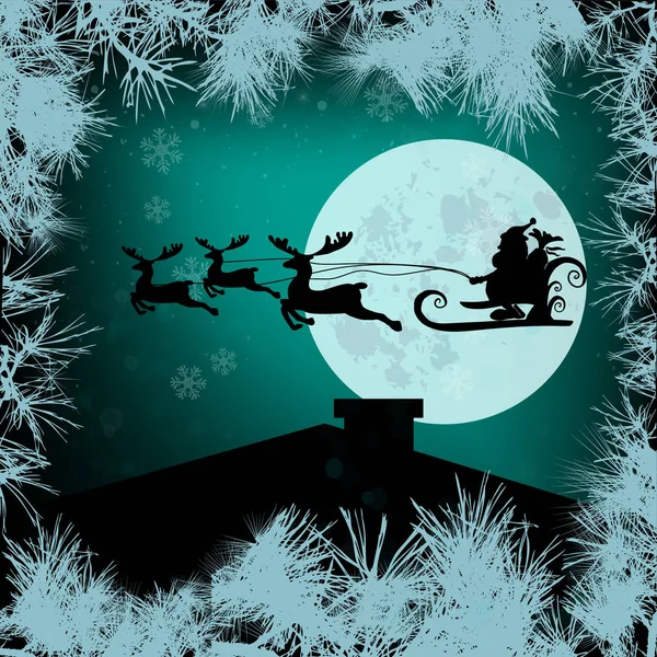 Blauer Hintergrund mit Schneeflocken und dem Mond. Weihnachtsmann Claus fliegt im Schlitten auf Hirschen durch den Himmel. Vektorillustration — Stockvektor