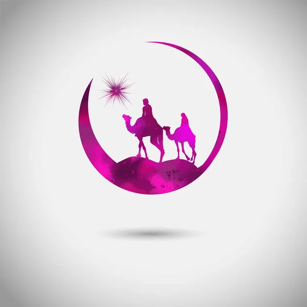 Camellos estrella de Navidad con los Magos. Medios mixtos. Ilustración vectorial — Vector de stock