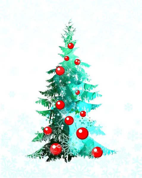 Υδατογραφία γραφική ερυθρελάτη. Χριστουγεννιάτικο δέντρο με κόκκινες μπάλες. Μικτά μέσα. Εικονογράφηση διανύσματος — Διανυσματικό Αρχείο