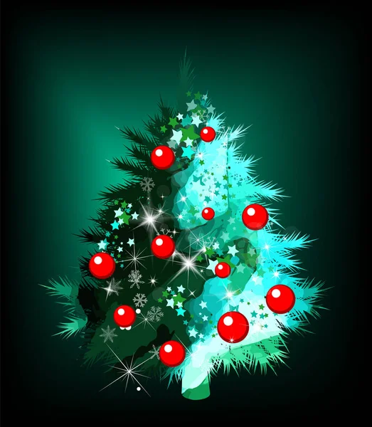 Aquarell szenische Fichte. Weihnachtsbaum mit roten Weihnachtskugeln. Gemischte Medien. Vektorillustration — Stockvektor