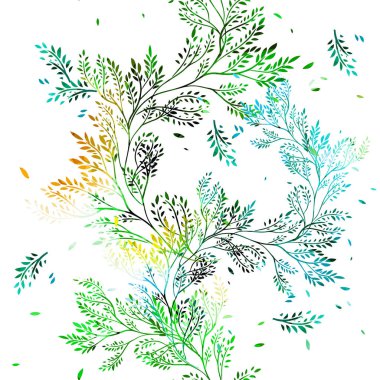 Kusursuz çiçek arkaplanı. Çok renkli yaprak dalları. Karışık medya. Vektör illüstrasyonu