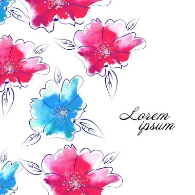 Pembe ve mavi çiçekli arka plan. Karışık medya. Vektör illüstrasyonu