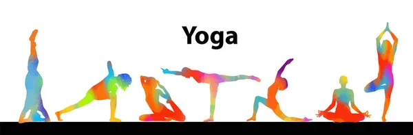 Yoga siluetă multi-colorată. media mixtă. Ilustrație vectorială. Cifrele fetelor — Vector de stoc