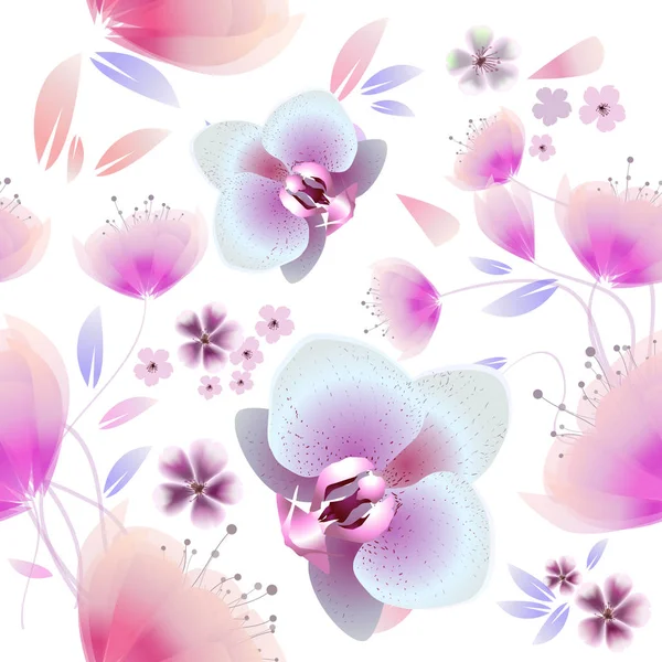 Der nahtlose Hintergrund ist wunderschöne rosa Blüten mit Orchideen. Vektor — Stockvektor