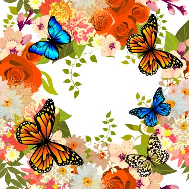 Farklı çiçekler ve kelebeklerle kusursuz bir arka plan. Vektör