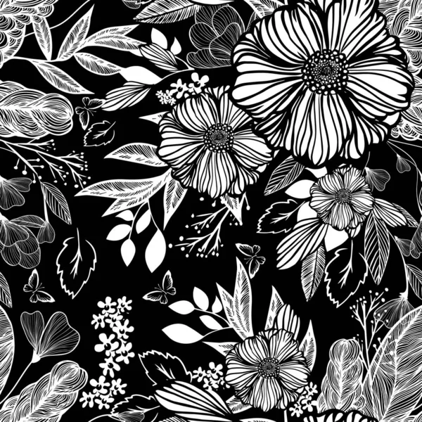 El fondo sin costuras son las flores monocromas. Ilustración vectorial — Vector de stock