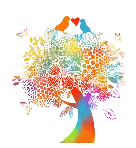 Αφηρημένη πολύχρωμο δέντρο λουλουδιών με πεταλούδες. Εικονογράφηση διανύσματος — Διανυσματικό Αρχείο