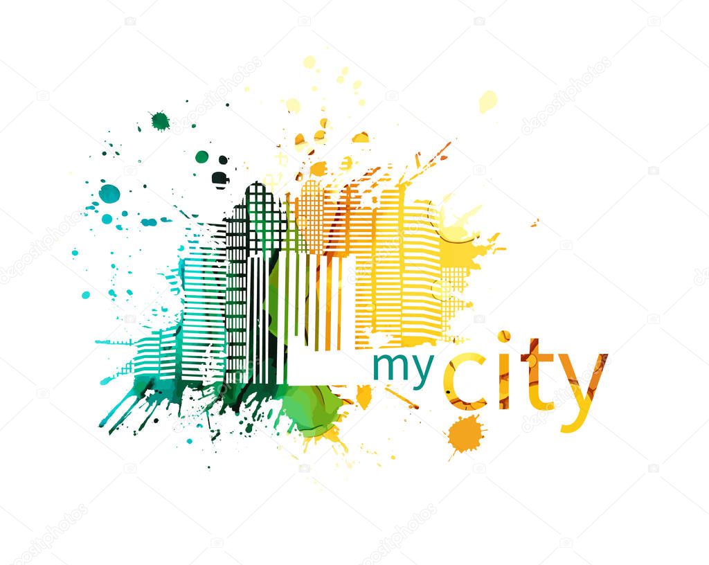Abstract city made of blots. Mixed media. My city. Vector illustration