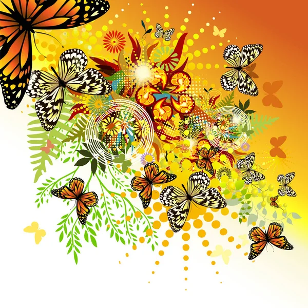 Abstraction été. Fleurs avec des papillons. Illustration vectorielle — Image vectorielle