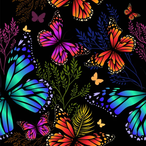 Abstraction été. Fleurs avec des papillons. Fond sans couture. Illustration vectorielle — Image vectorielle