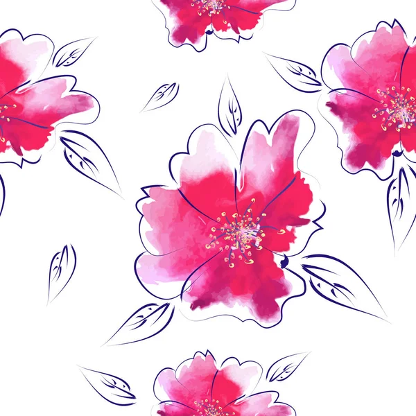 Fundo com flores rosa pitorescas. Padrão floral sem costura. mídia mista. Ilustração vetorial — Vetor de Stock