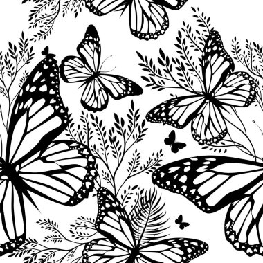 Soyutlama yazı. Kelebekli çiçekler. Kusursuz bir geçmişi var. Vektör illüstrasyonu