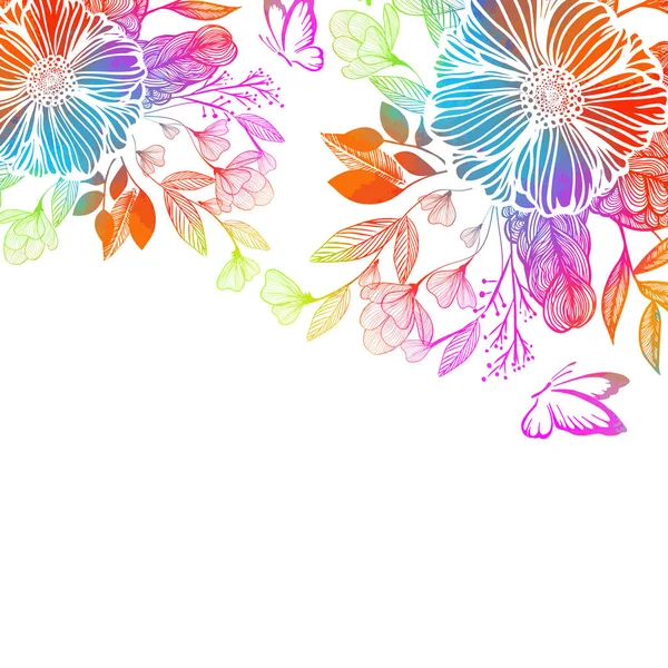 Fiore astratto arcobaleno con farfalle. Tecnica mista. Illustrazione vettoriale — Vettoriale Stock