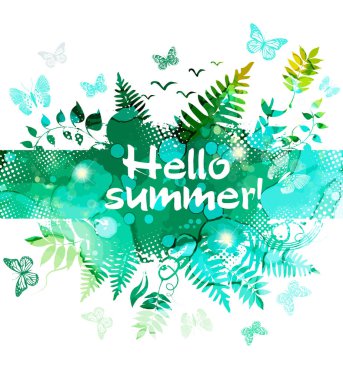 Soyutlama yazı. Çimen ve otlarla dolu yeşil bir arka plan. Karışık medya. Vektör illüstrasyonu