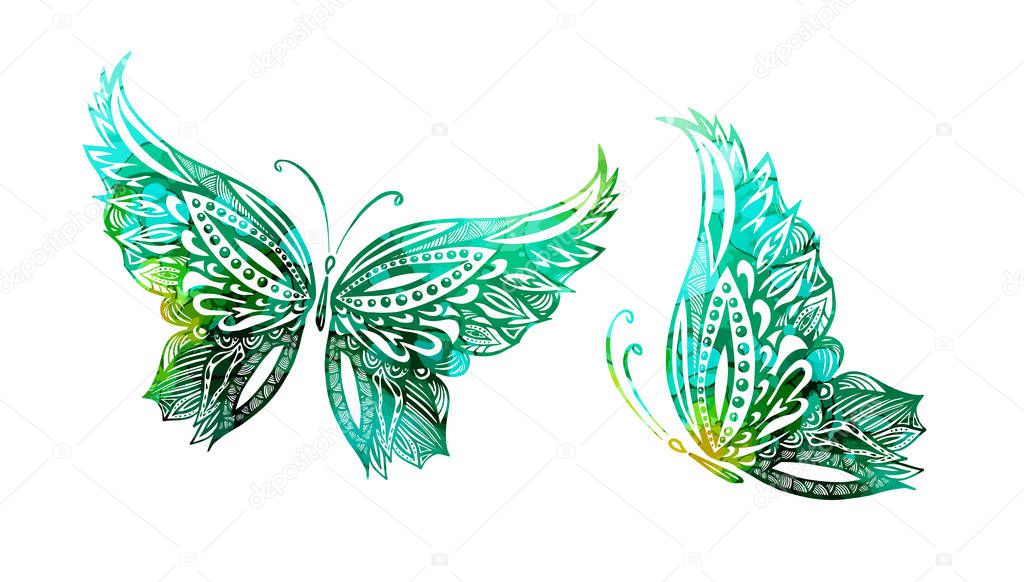 blue green flying butterflies in watercolor. Mixed media. Vector illustration