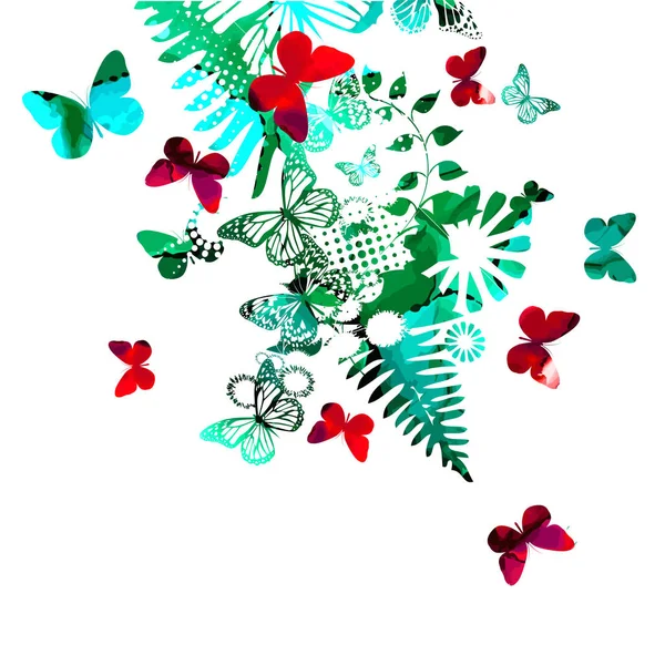 Abstracción verano. Mariposas y plantas abstractas. Medios mixtos. Ilustración vectorial — Vector de stock