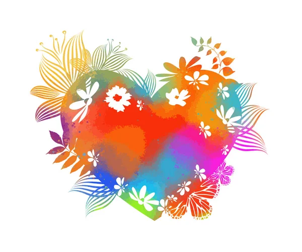 Le cœur multicolore avec des fleurs et des brindilles est abstrait. Joyeuse Saint-Valentin. Vecteur — Image vectorielle