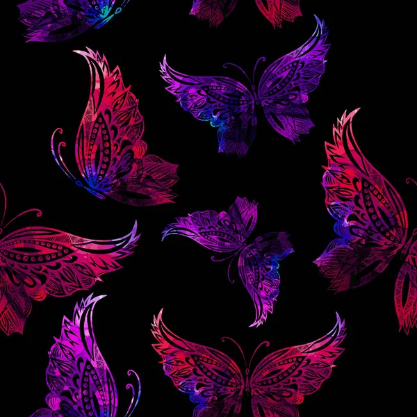 Fliegende Schmetterlinge in Aquarell. nahtloser Hintergrund. Gemischte Medien. Vektorillustration — Stockvektor