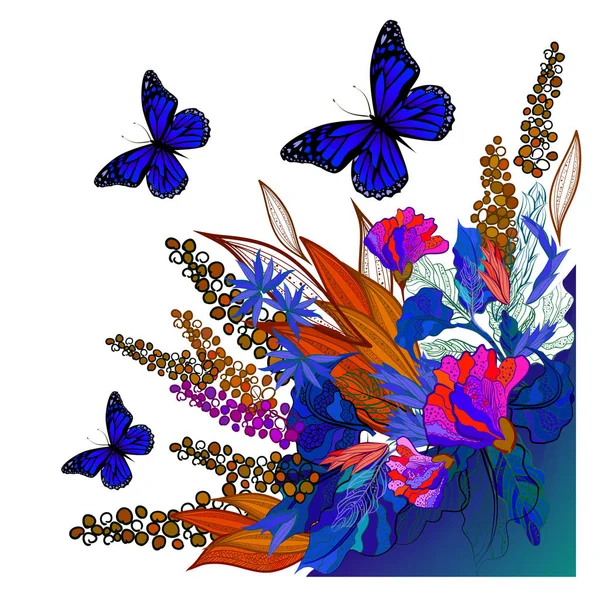 Красно-синий цветок с бабочками. Векторная иллюстрация — стоковый вектор