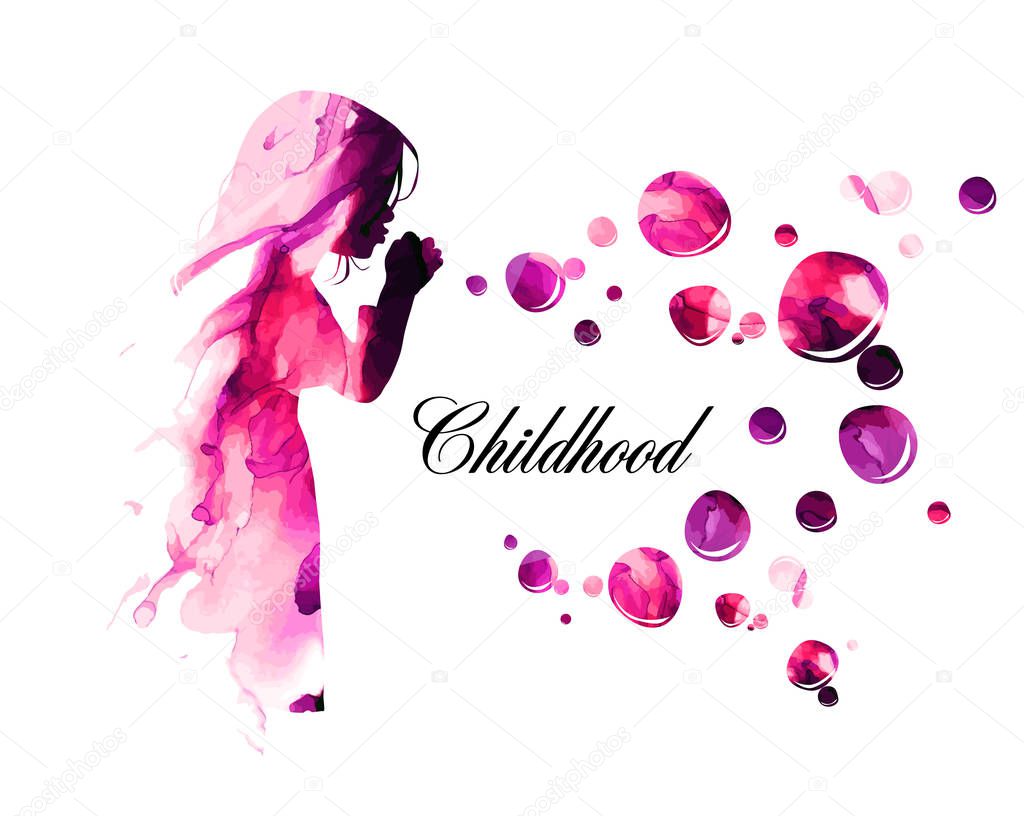 Silhouette of a girl blowing soap bubbles. mixed media. Blotch abstraction childhood. Vector illustration