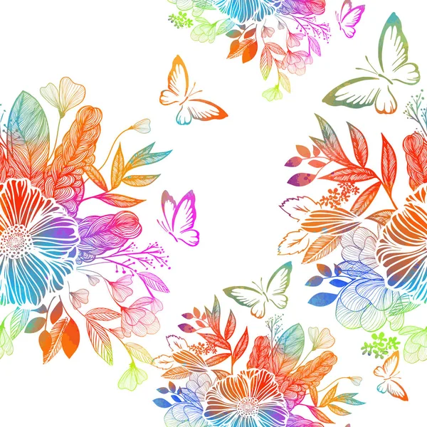 Duhová abstraktní květina s motýly. Smíšená média. Bezproblémové pozadí. Vektorová ilustrace — Stockový vektor