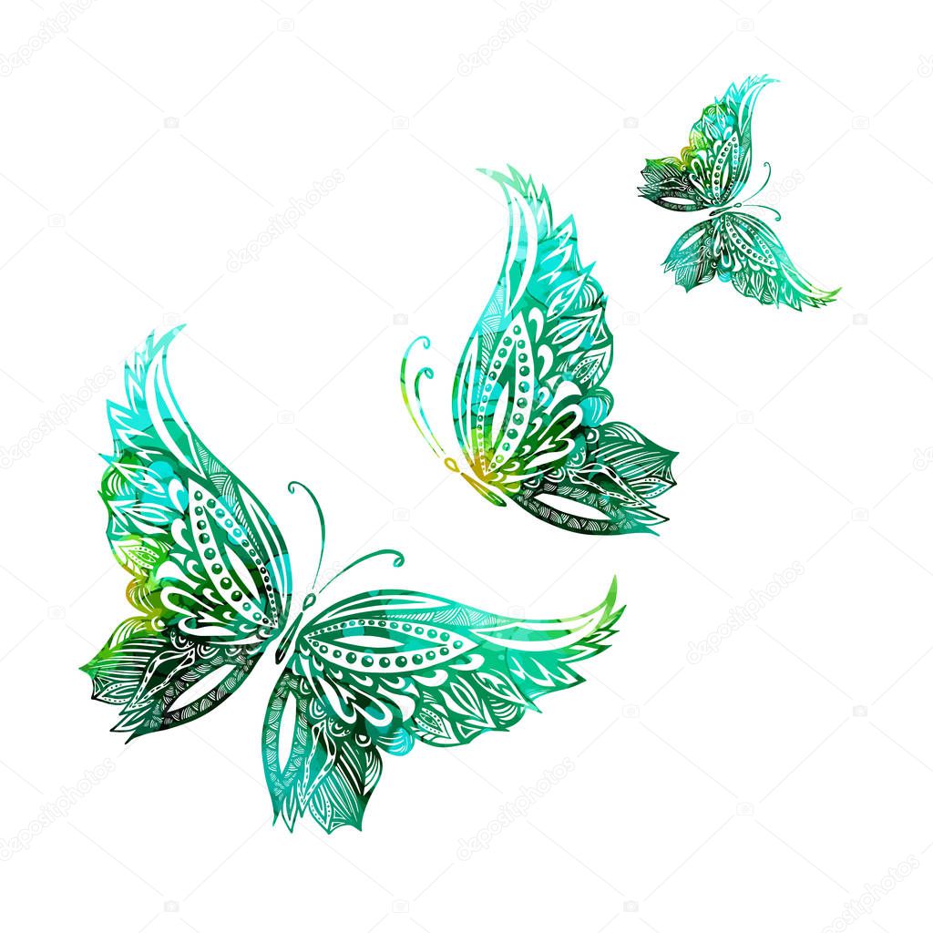 blue green flying butterflies in watercolor. Mixed media. Vector illustration