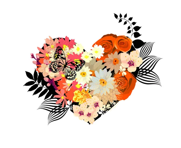 The heart with flowers and twigs is abstract. Happy Valentine's Day. Vector — Stock Vector