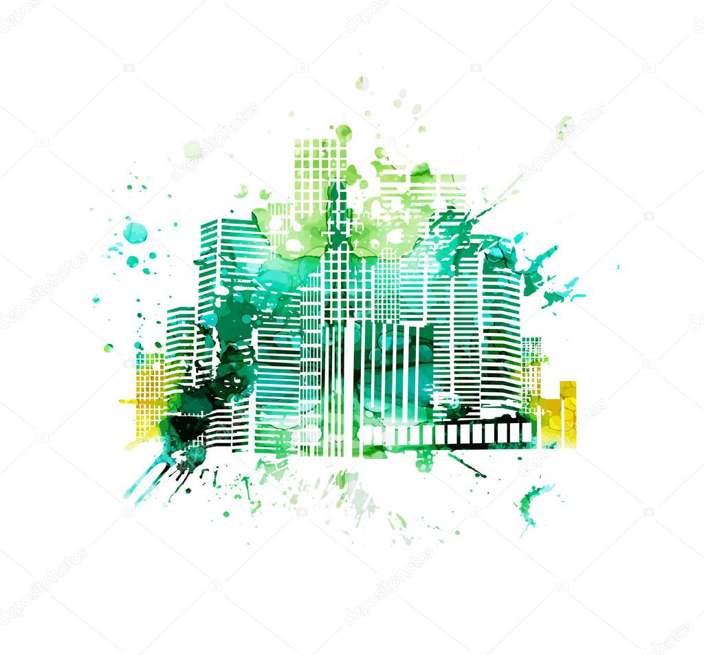 Abstract city made of blots. Mixed media. My city. Vector illustration