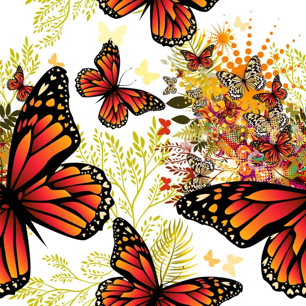 Abstraction été. Fleurs avec des papillons. Fond sans couture. Illustration vectorielle — Image vectorielle