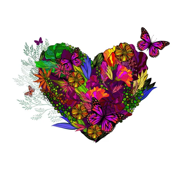 El corazón con flores y mariposas. Feliz Día de San Valentín. Vector — Archivo Imágenes Vectoriales