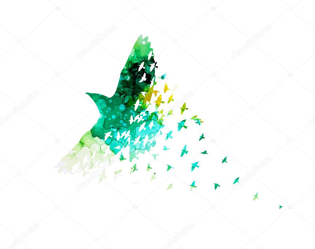 A flock of flying blue birds. Mixed media. Vector illustration