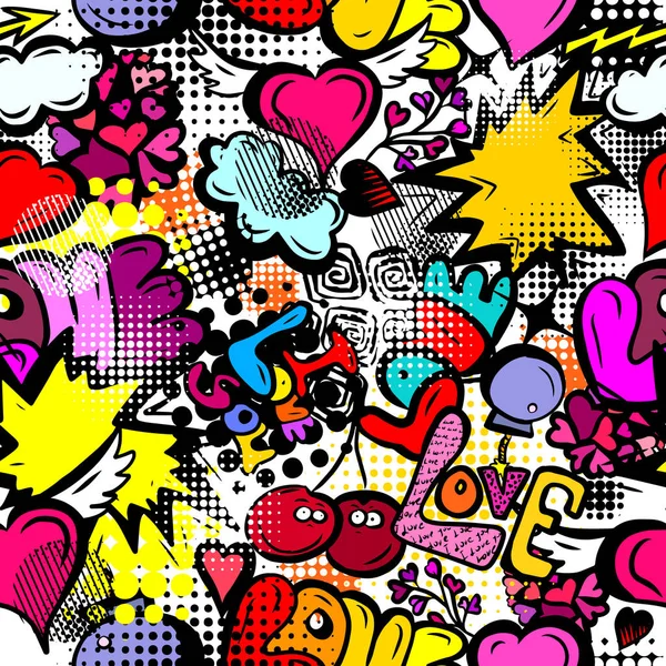 Uno sfondo senza soluzione di continuità di amore. Graffiti. Stampa con i cuori. Buon San Valentino. Illustrazione vettoriale — Vettoriale Stock