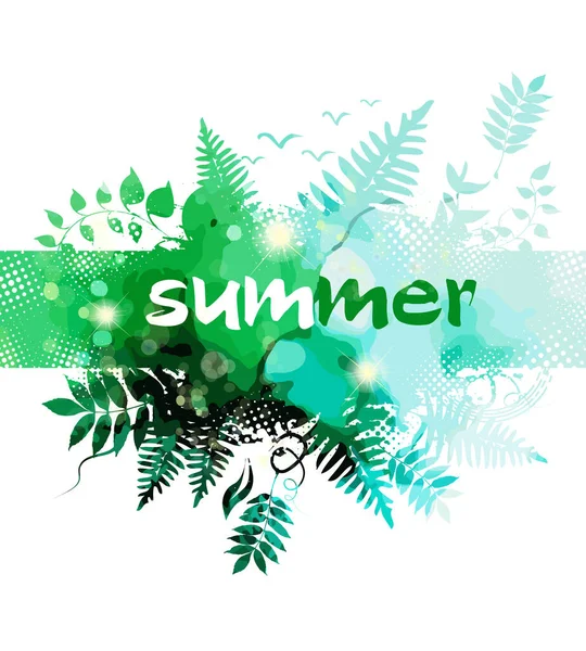 Abstraction summer. Green background with grass and herbs. Mixed media. Vector illustration — Stock Vector