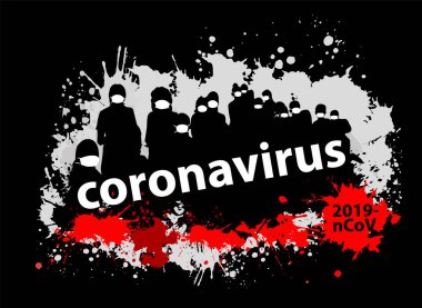 Koronavirüsü durdurun. 2019-nCoV tehlikesi ve halk sağlığı risk hastalığı ve grip salgını. Maskeli insanlar siluetleri. Tehlikeli hücrelerle salgın hastalık konsepti. Vektör illüstrasyonu