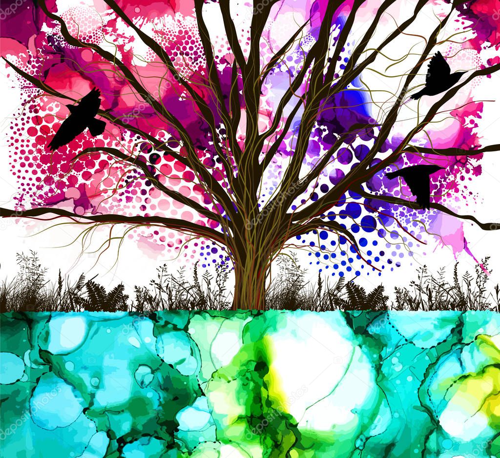 A multi-colored tree. Mixed media. Hello summer. Vector illustration