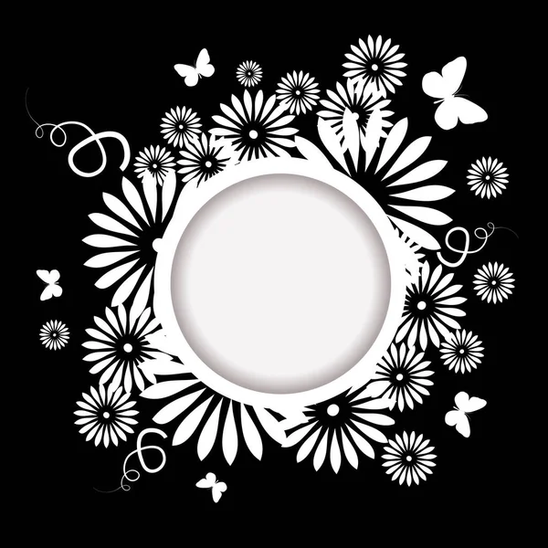 Abstracción verano. Flores con mariposas. Marco redondo monocromo. Hola verano. Ilustración vectorial — Vector de stock