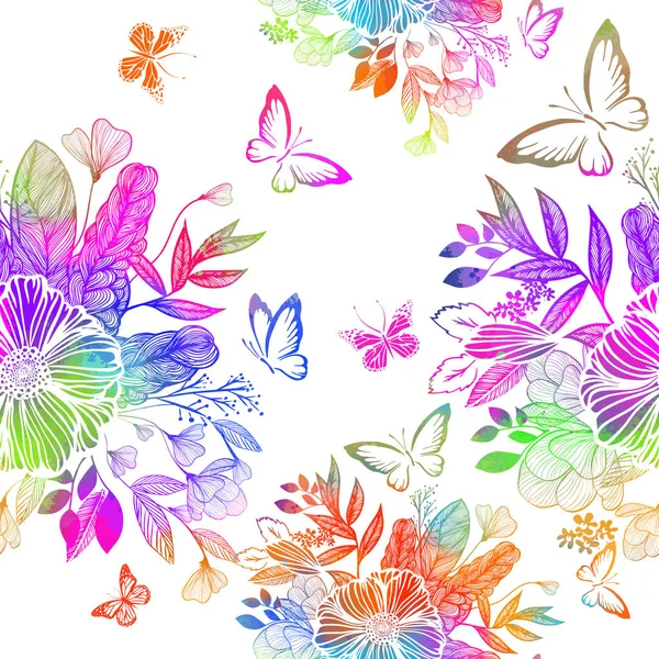 Regenbogen abstrakte Blume mit Schmetterlingen. Gemischte Medien. nahtloser Hintergrund. Vektorillustration — Stockvektor