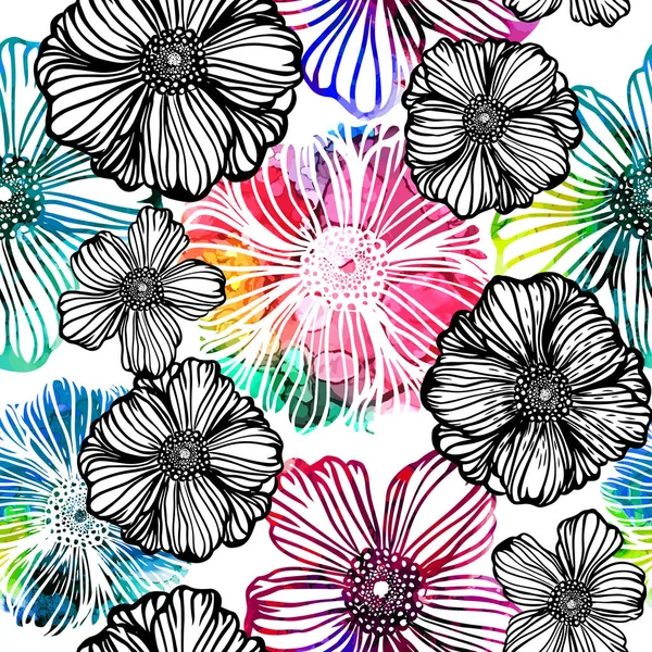En sömlös bakgrund av flerfärgade blommor. Blandade medier. Vektorillustration — Stock vektor