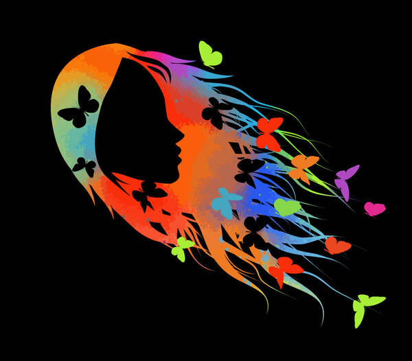 Beautiful multicolored girl's profile silhouette with butterflies flying from her hair isolated. mixed media. Vector illustration