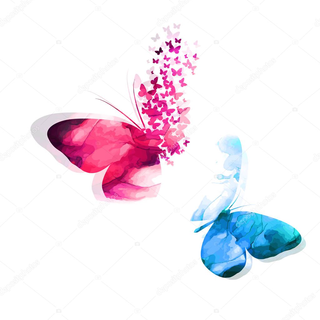 blue and pink butterflies. Abstract mosaic of butterflies. Mixed media. Vector illustration