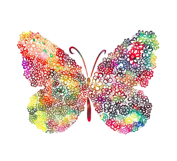 Una mariposa multicolor hecha de flores. Medios mixtos. Ilustración vectorial — Vector de stock
