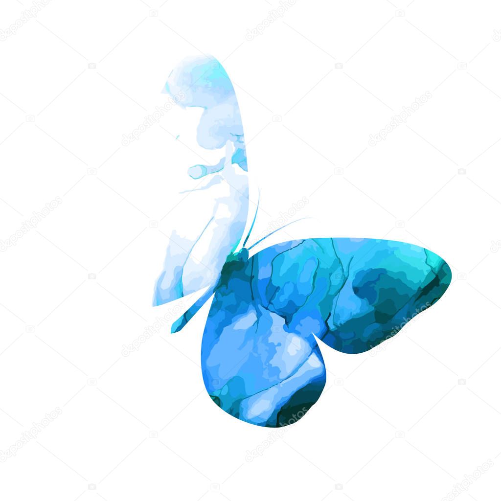 blue paint butterfly. Abstract mosaic of butterflies. Mixed media. Vector illustration