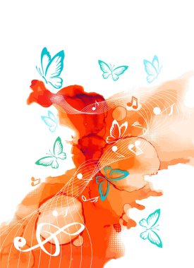 Kırmızı turuncu mavi uçan kelebekler suluboya ile. Karışık medya. Soyut arkaplan. Vektör illüstrasyonu