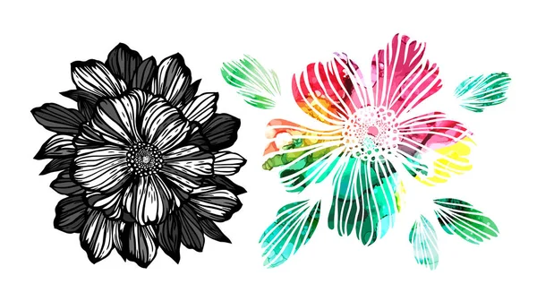 モノクロームや多色のグラフィック花。混合メディア。ロゴベクトルイラスト — ストックベクタ